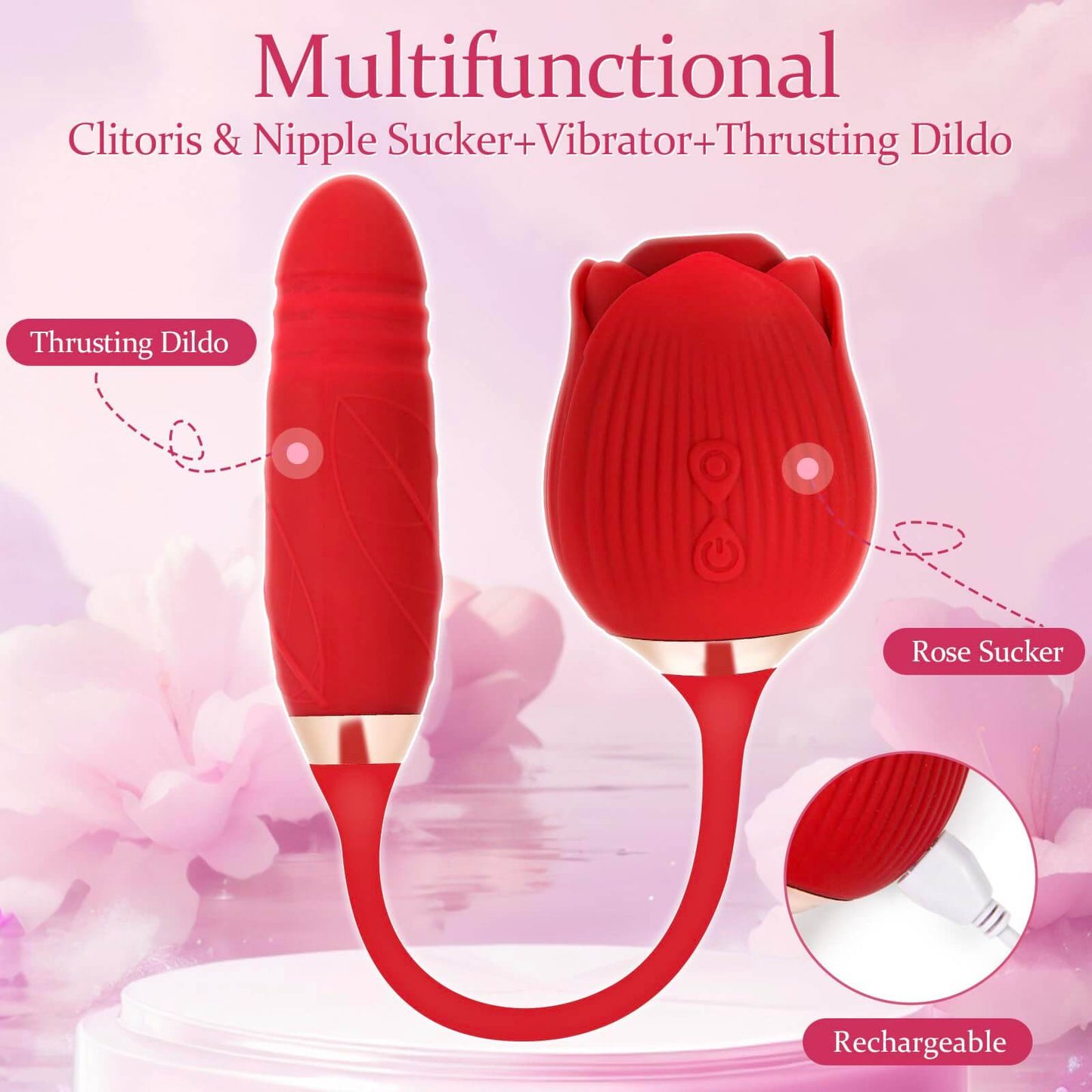Luxerouse Rose Vibrator 2 in 1 Rose Toy With 10 Thrusting and Sucking Dildo