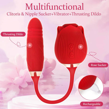 Luxerouse Rose Vibrator 2 in 1 Rose Toy With 10 Thrusting and Sucking Dildo