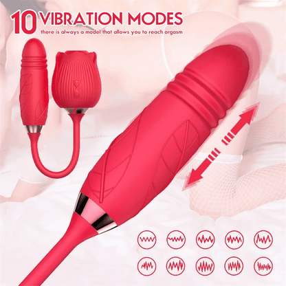 Luxerouse Rose Vibrator 2 in 1 Rose Toy With 10 Thrusting and Sucking Dildo